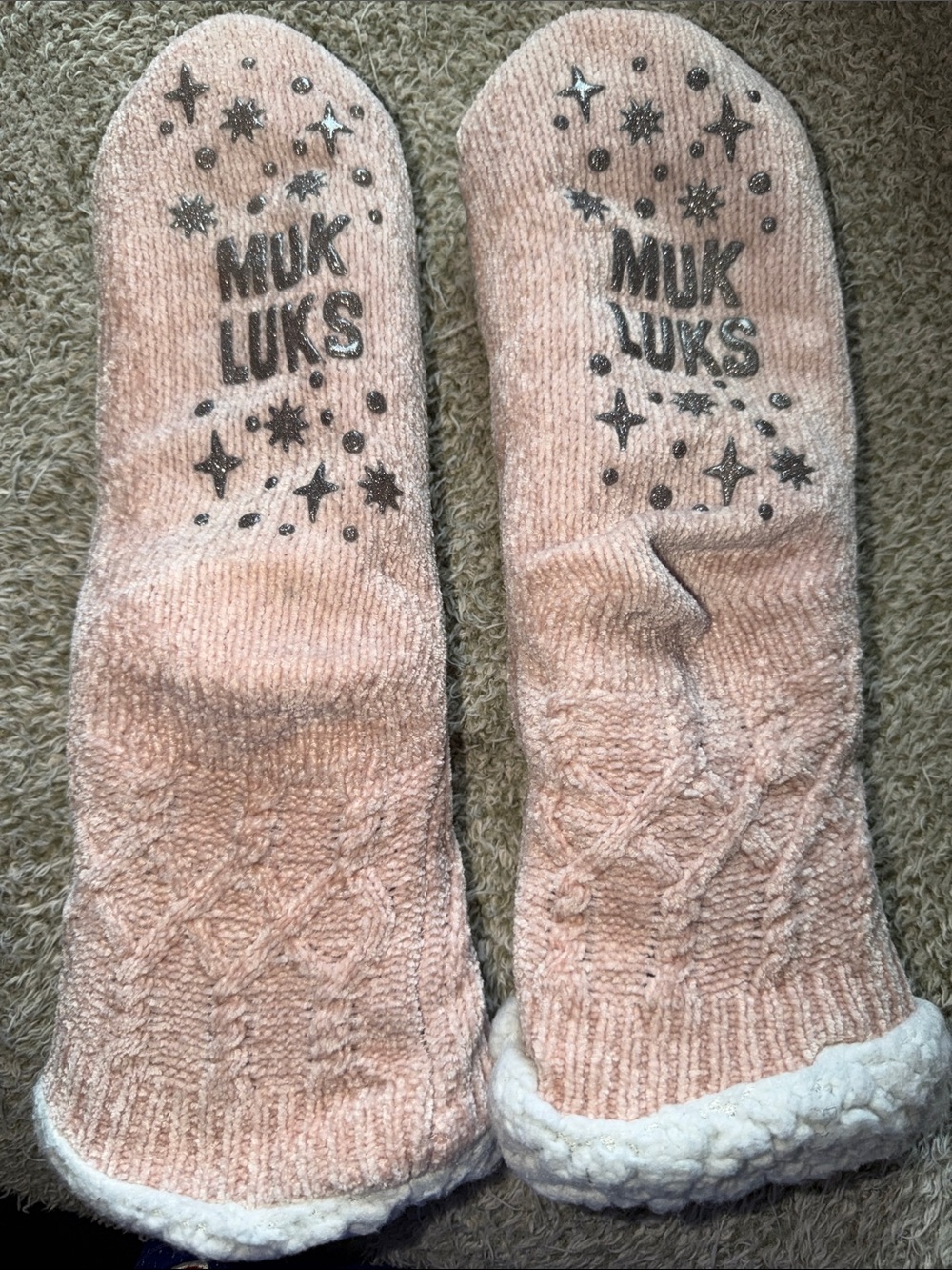 Muk Luks Blush Pink Cable Knit Plush-Lined Slipper Socks